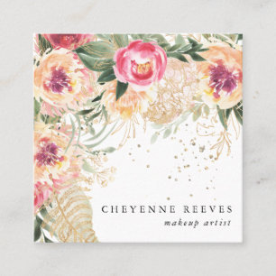 Carte De Visite Carré En fleurs   Élégante peonie rose florale aquarelle
