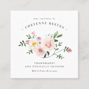Carte De Visite Carré En fleurs   Logo floral vintage Blush