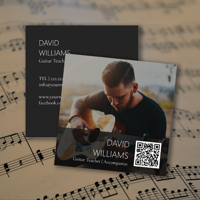 Carte De Visite Carré Enseignant de Musique Chanteur Compositeur Code QR (QR Code Photo Music Teacher Singer Songwriter Square Business Card)