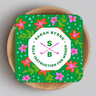 Carte De Visite Carré Enseignante de golf Golf Pro Floral Monogram Sq