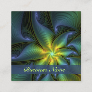 Carte De Visite Carré Étoile abstraite, art fractal doré bleu vert brill