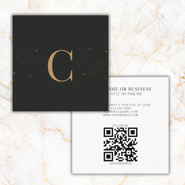Carte De Visite Carré Étoiles célestes minimales monogrammes Code QR noi (Créateur téléchargé)