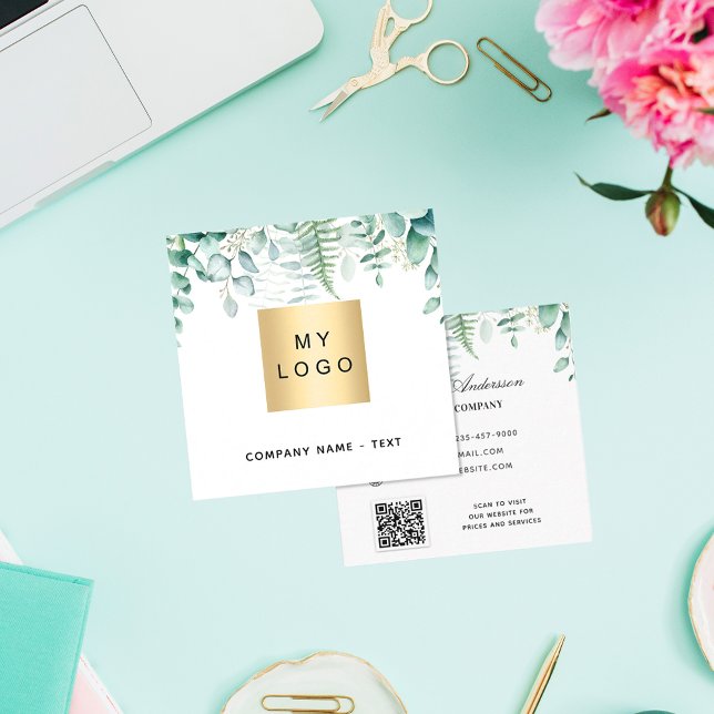 Carte De Visite Carré Eucalyptus fougère forestière logo code QR (Créateur téléchargé)