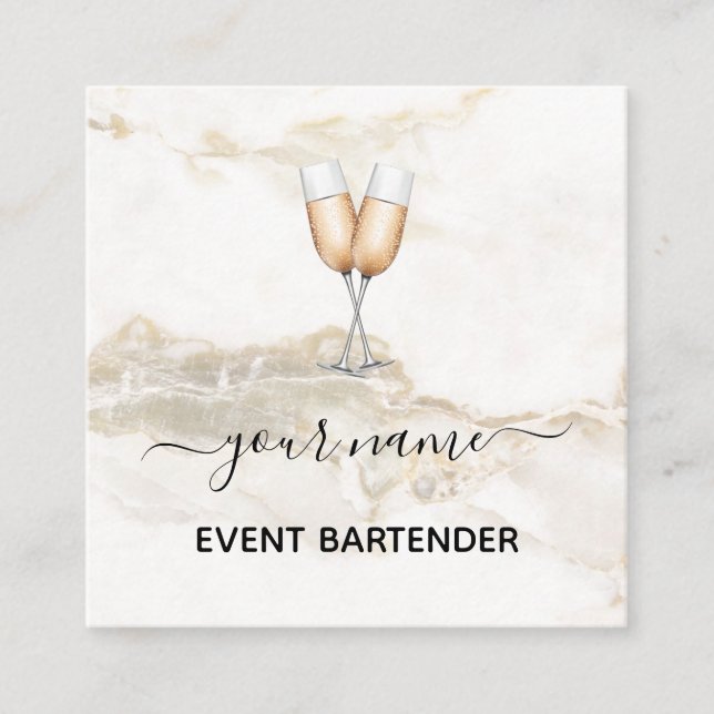 Carte De Visite Carré Événement Bartender Champagne White Gold Marble Cr (Devant)
