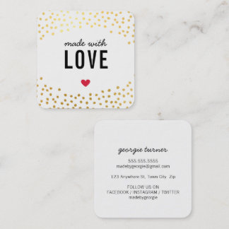 Carte De Visite Carré FABRIQUÉ AVEC AMOUR mignon confetti or noir