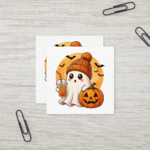 Carte De Visite Carré Fantôme buvant un café glacé avec Halloween citrou