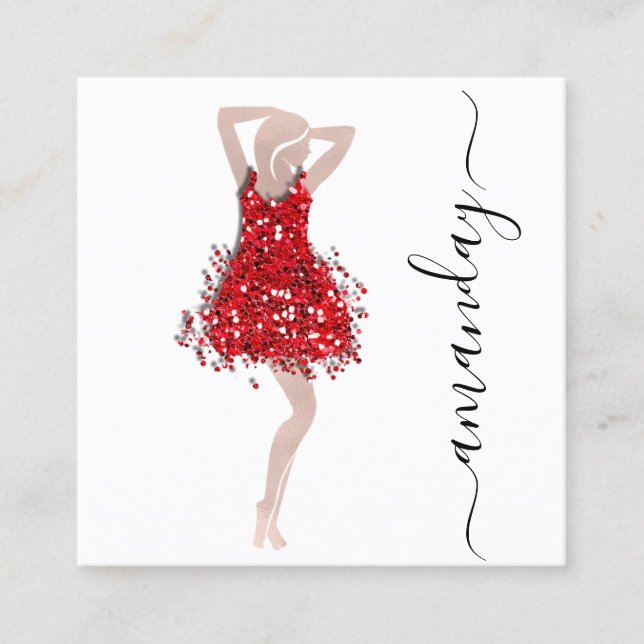 Carte De Visite Carré Fashion Designer Shop Rouge Robe QRCode Logo Blanc (Devant)