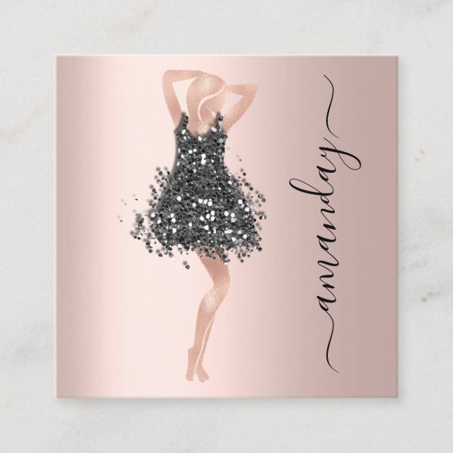 Carte De Visite Carré Fashion Event Shop Rose Robe noire QR Code (Devant)