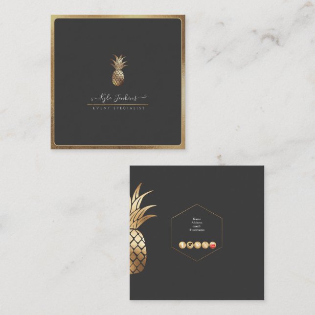 CARTE DE VISITE CARRÉ FAUX ANANAS DORÉS POUR FOND DIY (Devant / Derrière)