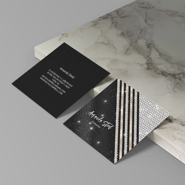 Carte De Visite Carré Faux de cristal argent et noir Personnalisé (Créateur téléchargé)