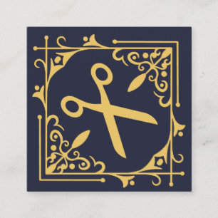 Carte De Visite Carré Faux Gold Foil Ciseaux Coiffeur bleu marine