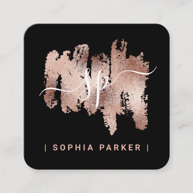 Carte De Visite Carré Faux Rose Gold sur Black | Monogramme
