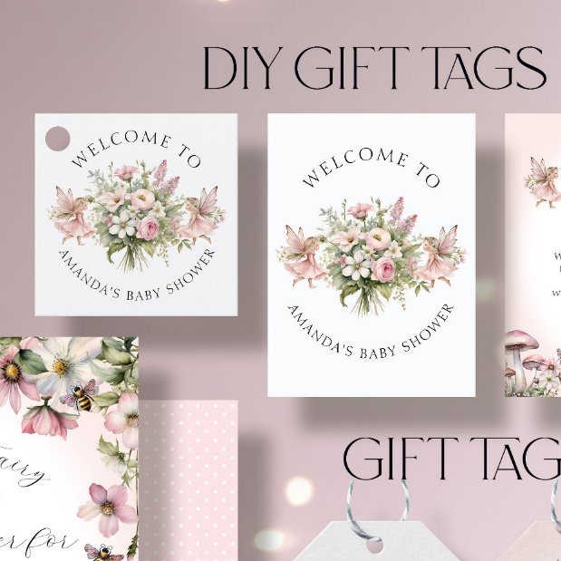 Carte De Visite Carré Fée enchantée Floral Welcome Baby Girl Tags cadeau (Créateur téléchargé)