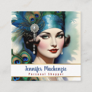 Carte De Visite Carré Femme Paon Bleu Or Élégant