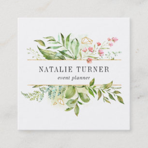 Carte De Visite Carré Feuillage vert floral sauvage d'aquarelle