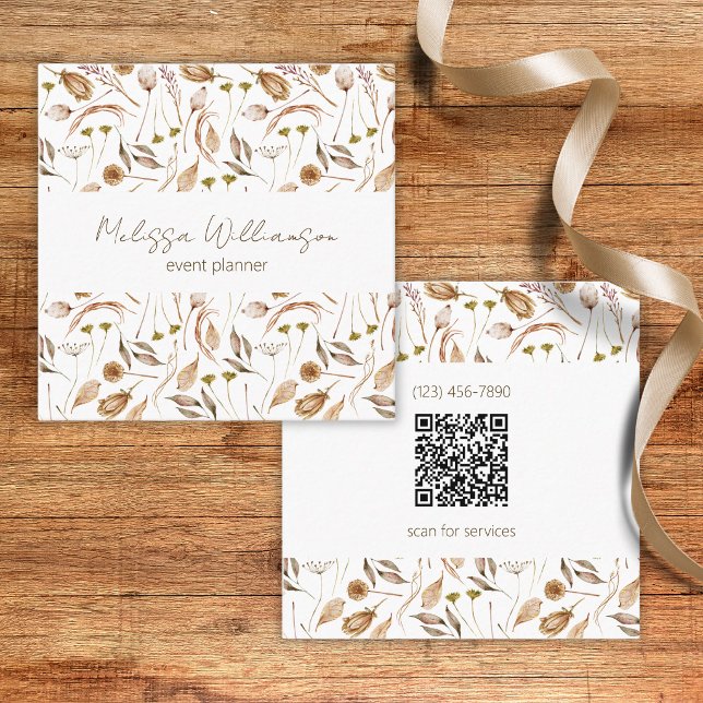 Carte De Visite Carré Feuilles Bohèmes avec Code QR  (Créateur téléchargé)