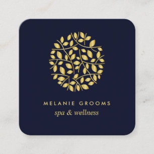 Carte De Visite Carré Feuilles d'or  Bleu   wellness massage spa yoga