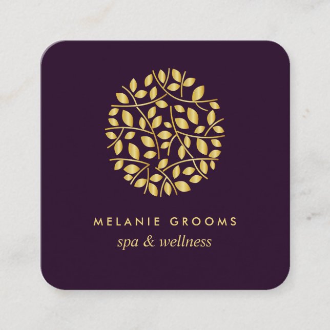 Carte De Visite Carré Feuilles d'or| violet | wellness massage spa yoga (Devant)