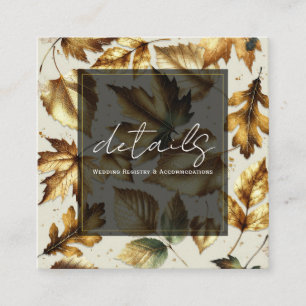 Carte De Visite Carré Feuilles dorées Beige Noir Automne Mariage Détail