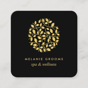 Carte De Visite Carré Feuilles or  Noir   wellness massage spa yoga