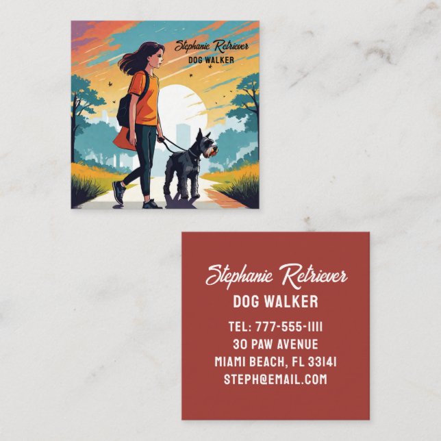 Carte De Visite Carré Fille Chien Walker Animal De Compagnie Sitter En T (Devant / Derrière)