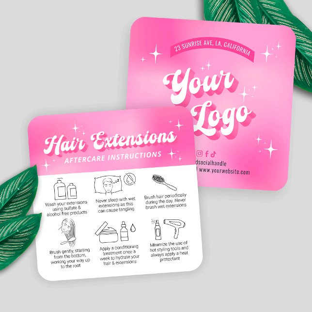 Carte De Visite Carré Fille tendance Retro Prolongations de cheveux rose (Trendy hair extensions care cards with icons, featuring girly pink design, care icons & retro fonts)