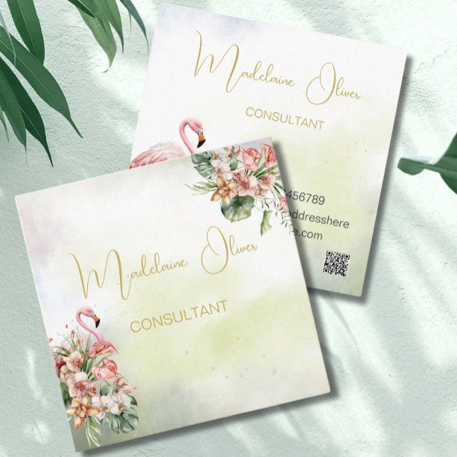 Carte De Visite Carré Flamant rose Botanique tropicale Moderne Floriste  (Créateur téléchargé)