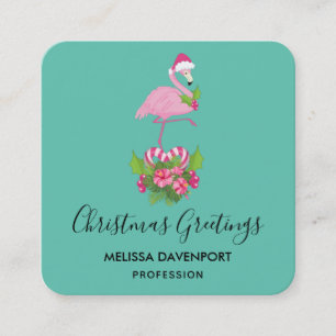 Carte De Visite Carré Flamant rose en chapeau de Père Noël, Noël fantais