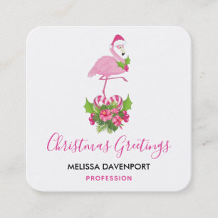 Carte De Visite Carré Flamant rose rose à Santa Hat Noël Whimsical