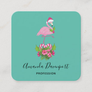Carte De Visite Carré Flamant rose rose à Santa Hat Noël Whimsical