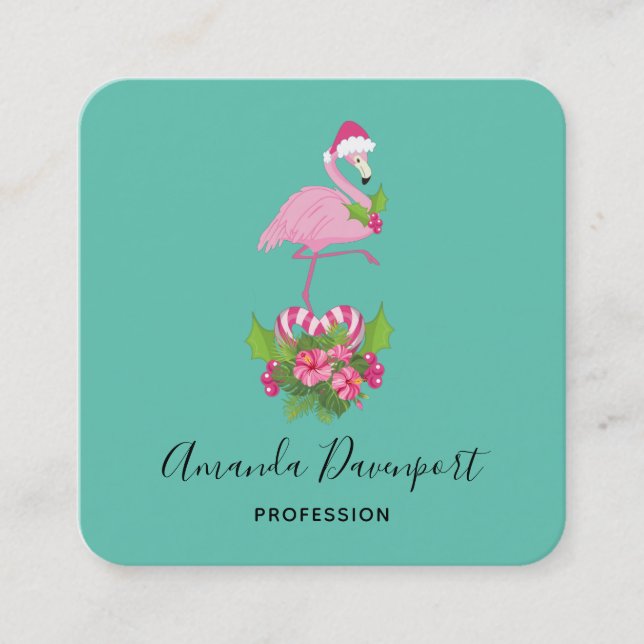 Carte De Visite Carré Flamant rose rose à Santa Hat Noël Whimsical (Devant)