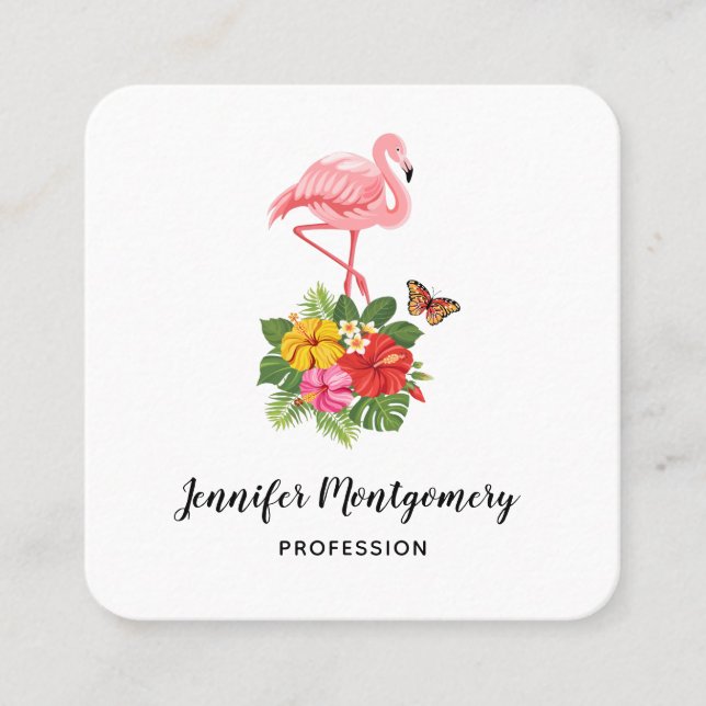 Carte De Visite Carré Flamant rose rose & Hibiscus Tropical Fancy (Devant)