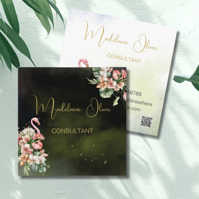 Carte De Visite Carré Flamant rose Tropical Botanique Noir Florist QR (Créateur téléchargé)