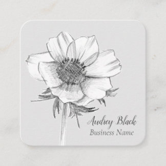 Carte De Visite Carré Fleur d'anémone blanc Gris noir Botanique