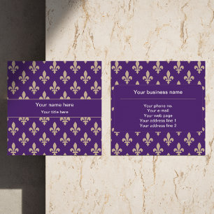 Carte De Visite Carré Fleur de Lis Motif, Français, Royal, Crème, Violet