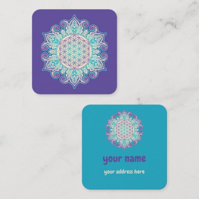 Carte De Visite Carré Fleur De Vie - Indien Mandala 2 (Devant / Derrière)