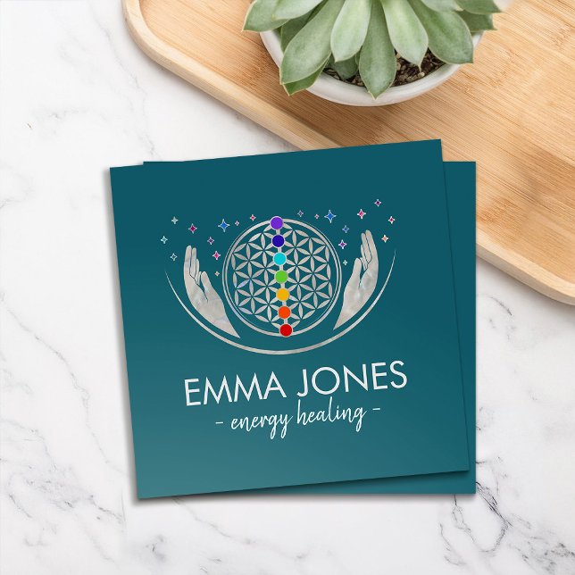 Carte De Visite Carré Fleur de vie, mains de guérison, chakras (Créateur téléchargé)