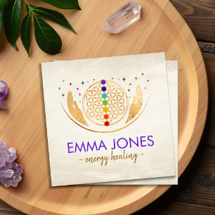 Carte De Visite Carré Fleur de vie, mains de guérison, chakras