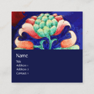 Carte De Visite Carré FLEUR MONOGRAMME FLEURALE BLEU ROSE VERT Stylisée
