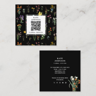 Carte De Visite Carré Fleur Sauvage Aquarelle Noir Floral Designer Boho