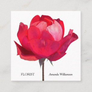 Carte De Visite Carré Fleuriste Fleur Florale Rose Rouge Aquarelle