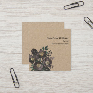 Carte De Visite Carré Fleuriste Moderne Kraft Foncé Motif Floral Rose