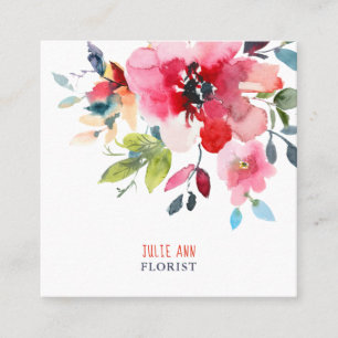 CARTE DE VISITE CARRÉ FLEURS À L'AQUARELLE, OMBRE ROUGE