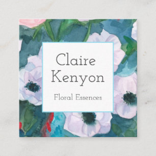 Carte De Visite Carré Fleurs bleu turquoise Aquarelle fleuriste