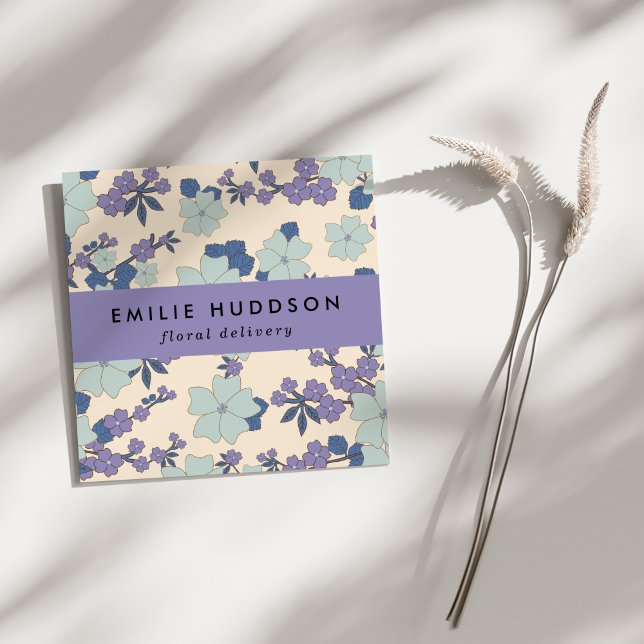 Carte De Visite Carré Fleurs Bleues, Fleurs Violettes, Fleuriste, Boutiq (Créateur téléchargé)