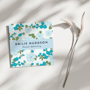 Carte De Visite Carré Fleurs Bleues, Motif Floral, Fleuriste, Boutique D