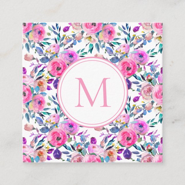 Carte De Visite Carré Fleurs d'aquarelle rose Monogramme (Devant)