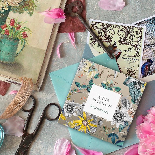 Carte De Visite Carré Fleurs de passion élégantes sur gris argenté (Créateur téléchargé)