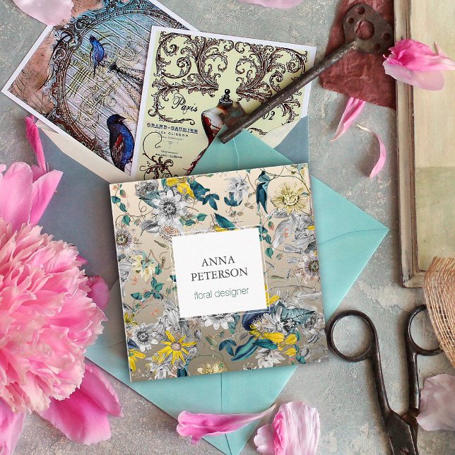 Carte De Visite Carré Fleurs de passion élégantes sur gris argenté (Créateur téléchargé)