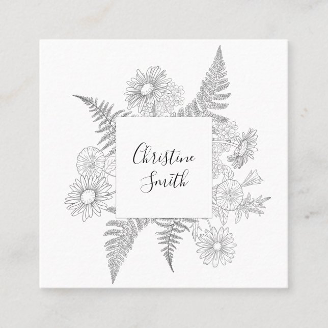 Carte De Visite Carré Fleurs Florales Élégantes Noires Et Blanches (Devant)